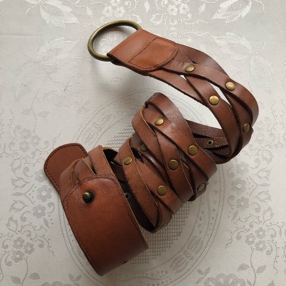 Abercrombie & Fitch Brown/Cognac Leather Belt Braided/Studded Women’s Size L - Picture 1 of 16